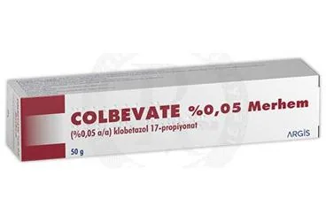 COLBEVATE %0,05 MERHEM (50 G) (klobetasol propiyon) ürün ambalajı, merhem. Üretici: ARGİS İLAÇ SANAYİ VE TİCARET ANONİM ŞİRKETİ.