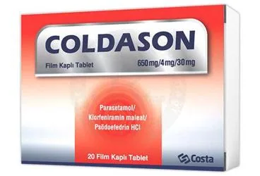 Psödoefedrin kombinasyon içeren film kaplı tablet: COLDASON 650 MG/4 MG/30 MG FİLM KAPLI TABLET ambalajı. Üretici: COSTA SAĞLIK SPOR HİZMETLERİ TİCARET LİMİTED ŞİRKETİ.