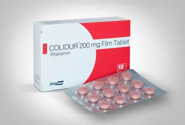 COLIDUR 200 MG 12 FILM TABLET kutu fotoğrafı. Rifaksimin içeren film kaplı tablet. Üretici: DROGSAN İLAÇLARI SAN. VE TİC. A.Ş.