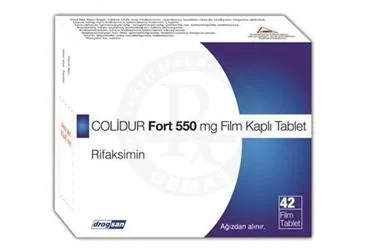 COLIDUR FORT 550MG FILM KAPLI TABLET (42 TABLET) (rifaksimin) ürün ambalajı, film kaplı tablet. Üretici: DROGSAN İLAÇLARI SAN. VE TİC. A.Ş.