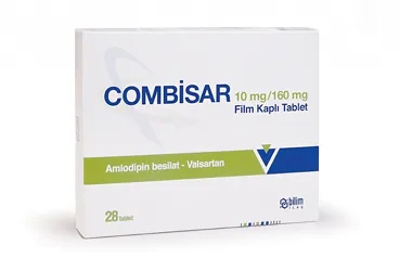 COMBISAR 10/160 MG FILM KAPLI TABLET (28 TABLET) kutusu, film kaplı tablet formunda amlodipin + valsartan içerir. Üretici: BİLİM İLAÇ SANAYİİ VE TİCARET A.Ş.