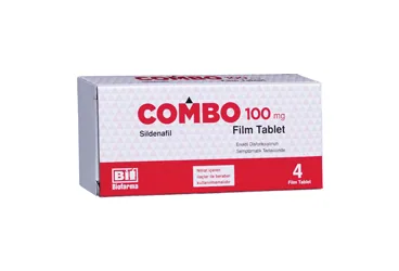 COMBO 100 MG 4 FILM KAPLI TABLET kutu fotoğrafı, film kaplı tablet formunda sildenafil sitrat içerir. Üretici: BİOFARMA İLAÇ SANAYİ VE TİCARET A.Ş.