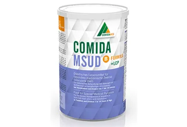 Tibbi amacli mama içeren COMIDA MSUD B 500 GR TIBBI AMACLI MAMA kutusu. Üretici: MAMMA BESİN ÜRÜNLERİ ÜRETİM PAZARLAMA ANONİM ŞİRKETİ.