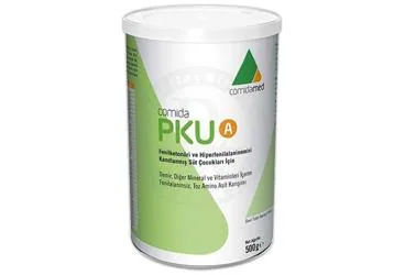 Tibbi amacli mama içeren COMIDA PKU A 500 GR kutusu. Üretici: MAMMA BESİN ÜRÜNLERİ ÜRETİM PAZARLAMA ANONİM ŞİRKETİ.