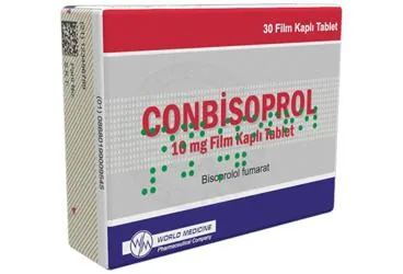 Bisoprolol fumarat içeren film kaplı tablet: CONBİSOPROL 10 MG FİLM KAPLI TABLET (30 TABLET) ambalajı. Üretici: WORLD MEDICINE İLAÇ SAN. VE TİC. A.Ş.
