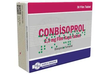Bisoprolol fumarat içeren film kaplı tablet: CONBISOPROL 2,5 MG FİLM KAPLI TABLET (30 TABLET) ürün ambalajı. Üretici: WORLD MEDICINE İLAÇ SAN. VE TİC. A.Ş.