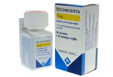 Metilfenidat hidroklorür içeren tablet: CONCERTA 18 MG 30 KONT. SALIM TABLETİ ambalajı. Üretici: JOHNSON AND JOHNSON SIHHİ MALZEME SANAYİ VE TİCARET LİMİTED ŞİRKETİ.