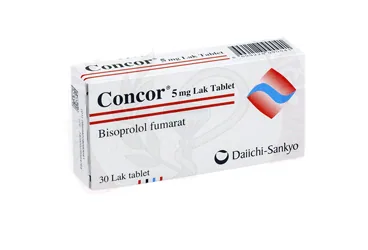 CONCOR 5 MG FILM KAPLI TABLET (30 TABLET) kutu fotoğrafı, film kaplı tablet formunda bisoprolol fumarat içerir. Üretici: DAIICHI SANKYO İLAÇ TİCARET LİMİTED ŞİRKETİ.