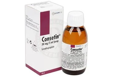 Levodropropizin içeren şurup: CONSETIN 30MG/5ML ŞURUP ürün ambalajı. Üretici: LİLYUM İLAÇ VE KİMYA SANAYİ TİCARET ANONİM ŞİRKETİ.