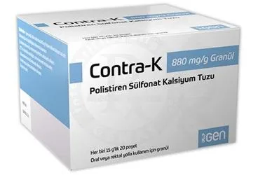 Polistiren sülfonat içeren CONTRA-K 880 MG/G GRANUL kutusu. Üretici: GEN İLAÇ VE SAĞLIK ÜRÜNLERİ SAN.VE TİC. A.Ş.