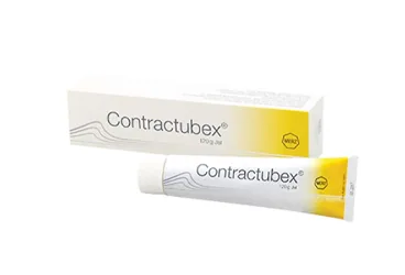 CONTRACTUBEX 120 GR JEL ürün ambalajı. Ext.cepae + heparin + allantoin içeren jel. Üretici: ASSOS İLAÇ KİMYA GIDA ÜRÜNLERİ ÜRETİM VE TİC. A.Ş.