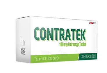 Tramadol hcl içeren efervesan tablet: CONTRATEK 100 MG 30 EFERVESAN TABLET kutusu. Üretici: NEUTEC İLAÇ SANAYİ TİCARET ANONİM ŞİRKETİ.