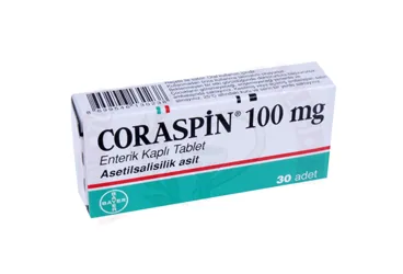 Asetilsalisilik asit içeren tablet: CORASPIN 100 MG 30 ENTERIK KAPLI TABLET kutu fotoğrafı. Üretici: BAYER TÜRK KİMYA SAN. LTD. ŞTİ.