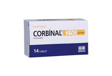 CORBINAL 250 MG 14 TABLET ürün ambalajı, tablet formunda terbinafin içerir. Üretici: BİOFARMA İLAÇ SANAYİ VE TİCARET A.Ş.