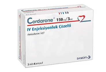 Amiodaron hcl içeren ampul: CORDARONE 150 MG 6 AMPUL kutu fotoğrafı. Üretici: SANOFİ SAĞLIK ÜRÜNLERİ LTD. ŞTİ.