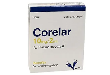 CORELAR 10 MG/2 ML IV INFUZYONLUK COZELTI (4 AMPUL) ürün ambalajı. Ibuprofen içeren çözelti. Üretici: VEM İLAÇ SAN. VE TİC. ANONİM ŞİRKETİ.