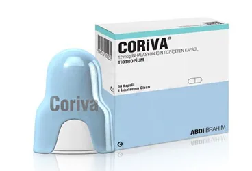 CORIVA 12 MCG INHALASYON ICIN TOZ ICEREN KAPSUL (30 KAPSUL) ambalajı. Tiotropium bromür monohidrat içeren inhalasyon aerosolü. Üretici: ABDİ İBRAHİM İLAÇ SANAYİ VE TİCARET A.Ş.