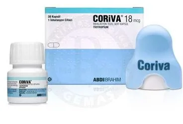 Tiotropium bromür monohidrat içeren inhalasyon aerosolü: CORIVA 18 MCG INHALASYON TOZU, SERT KAPSÜL (30 KAPSUL) kutusu. Üretici: ABDİ İBRAHİM İLAÇ SANAYİ VE TİCARET A.Ş.