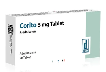 Prednizolon içeren tablet: CORLTO 5 MG TABLET (20 TABLET) ambalajı. Üretici: DEVA HOLDİNG ANONİM ŞİRKETİ.