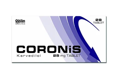 CORONIS 25 MG 28 TABLET ürün ambalajı, tablet formunda karvedilol içerir. Üretici: BİLİM İLAÇ SANAYİİ VE TİCARET A.Ş.