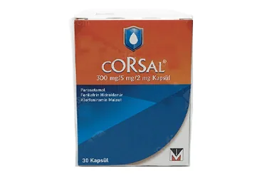 CORSAL 300 MG/5MG/2MG KAPSUL (30 KAPSUL) ürün ambalajı. Parasetamol kombinasyon içeren kapsül. Üretici: MENARİNİ SAĞLIK VE İLAÇ SANAYİ TİCARET ANONİM ŞİRKETİ.