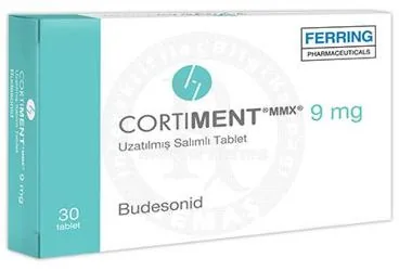 Budesonid -intestinal içeren tablet: CORTIMENT MMX 9 MG UZATILMIS SALIMLI TABLET (30 TABLET) kutusu. Üretici: FERRİNG İLAÇ SANAYİ VE TİCARET LTD. ŞTİ.