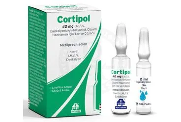 Metilprednizolon içeren çözelti: CORTIPOL 40 MG I.M./I.V. ENJEKSIYONLUK/INFUZYONLUK COZELTI HAZIRLAMAK ICIN TOZ VE COZUCU ürün ambalajı. Üretici: POLİFARMA İLAÇ SAN. VE TİC. A.Ş.