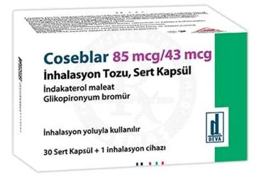 Indakaterol + glikopironyum bromid içeren inhalasyon aerosolü: COSEBLAR 85 MCG/43 MCG INHALASYON TOZU SERT KAPSUL (30 KAPSUL) ambalajı. Üretici: DEVA HOLDİNG ANONİM ŞİRKETİ.