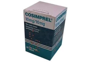 COSIMPREL 10 MG/10 MG FILM KAPLI TABLET (30 TABLET) ürün ambalajı. Perindopril + bisoprolol içeren film kaplı tablet. Üretici: SERVIER ILAÇ VE ARAŞTIRMA A.S.