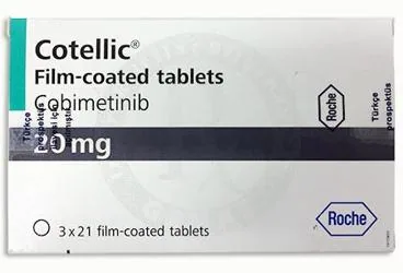 COTELLIC 20 MG 63 FILM KAPLI TABLET ürün ambalajı. Kobimetinib içeren film kaplı tablet. Üretici: ROCHE MÜSTAHZARLARI SANAYİ ANONİM ŞİRKETİ.