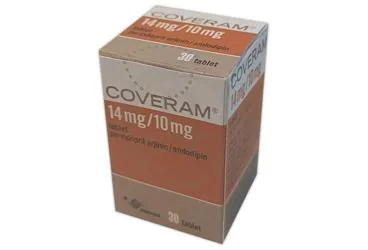 COVERAM 14 MG/10 MG TABLET (30 TABLET) kutusu, tablet formunda perindopril ve amlodipin içerir. Üretici: SERVIER ILAÇ VE ARAŞTIRMA A.S.