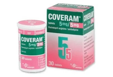 Perindopril ve amlodipin içeren film kaplı tablet: COVERAM 5 MG + 5 MG 30 FILM TABLET ambalajı. Üretici: SERVIER ILAÇ VE ARAŞTIRMA A.S.