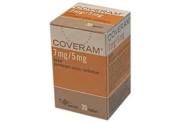 Perindopril ve amlodipin içeren tablet: COVERAM 7 MG/5 MG TABLET (30 TABLET) ürün ambalajı. Üretici: SERVIER ILAÇ VE ARAŞTIRMA A.S.