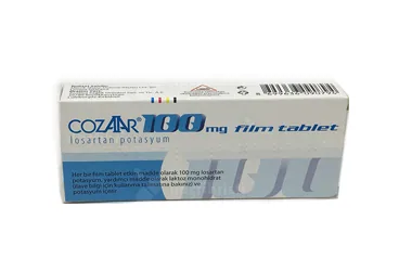 COZAAR 100 MG FILM KAPLI TABLET (28 TABLET) kutusu. Losartan potasyum içeren film kaplı tablet. Üretici: ORGANON TURKEY İLAÇLARI LİMİTED ŞİRKETİ.