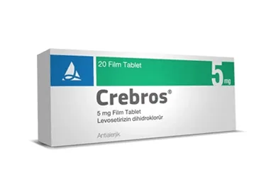 CREBROS 5 MG 20 FİLM KAPLI TABLET (levosetrizin) ambalajı, film kaplı tablet. Üretici: SANTA FARMA İLAÇ SAN. A.Ş.