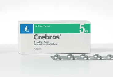 CREBROS 5 MG 40 FILM KAPLI TABLET kutusu, film kaplı tablet formunda levosetrizin içerir. Üretici: SANTA FARMA İLAÇ SAN. A.Ş.