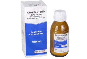 CROXILEX‐BID 200/28 MG ORAL SUSPANSIYON HAZIRLAMAK ICIN KURU TOZ (100 ML) kutu fotoğrafı, oral süspansiyon formunda amoksisilin + klavulanik asit içerir. Üretici: MENARİNİ SAĞLIK VE İLAÇ SANAYİ TİCARET ANONİM ŞİRKETİ.
