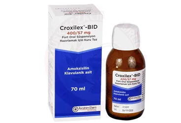 CROXILEX-BID 400/57 MG FORT ORAL SUSPANSIYON HAZIRLAMAK ICIN KURU TOZ (100 ML) kutu fotoğrafı. Amoksisilin + klavulanik asit içeren oral süspansiyon. Üretici: MENARİNİ SAĞLIK VE İLAÇ SANAYİ TİCARET ANONİM ŞİRKETİ.