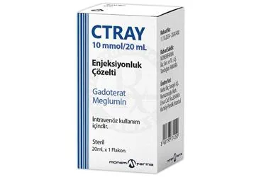 Meglumin gadoterat içeren çözelti: CTRAY 10 MMOL/20 ML ENJEKSIYONLUK COZELTI kutu fotoğrafı. Üretici: MONEMFARMA İLAÇ SAN. VE TİC. A.Ş.