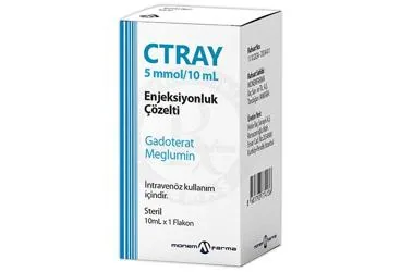CTRAY 5 MMOL/10 ML ENJEKSIYONLUK COZELTI ürün ambalajı. Meglumin gadoterat içeren çözelti. Üretici: MONEMFARMA İLAÇ SAN. VE TİC. A.Ş.