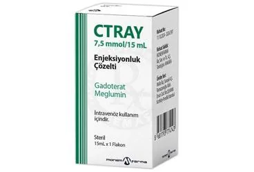 Meglumin gadoterat içeren çözelti: CTRAY 7,5 MMOL/15 ML ENJEKSIYONLUK COZELTI kutusu. Üretici: MONEMFARMA İLAÇ SAN. VE TİC. A.Ş.