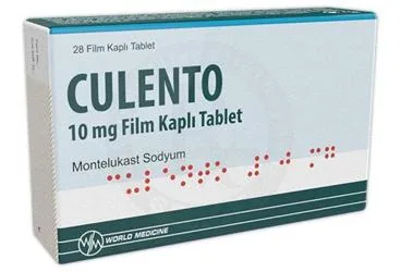 CULENTO 10 MG FILM KAPLI TABLET (28 TABLET) kutu fotoğrafı, film kaplı tablet formunda montelukast sodyum içerir. Üretici: WORLD MEDICINE İLAÇ SAN. VE TİC. A.Ş.