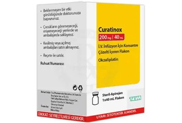 Okzaliplatin içeren çözelti: CURATINOX 200 MG/40 ML IV INFUZYON ICIN KONSANTRE COZELTI ICEREN 1 FLAKON ürün ambalajı. Üretici: VEM İLAÇ SAN. VE TİC. ANONİM ŞİRKETİ.