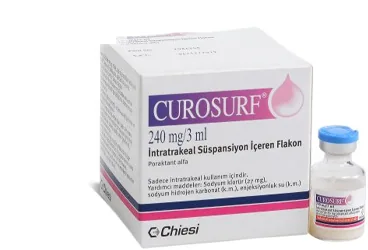 Alfa paroktant içeren süspansiyon: CUROSURF 240 MG/3 ML İNTRATRAKEAL SÜSPANSİYON 1 ADET TEK DOZLUK FLAKON ambalajı. Üretici: CHİESİ İLAÇ TİC. A.Ş.