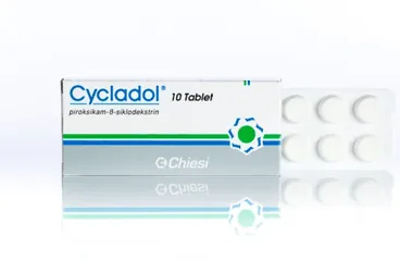 CYCLADOL 20 MG 10 TABLET kutu fotoğrafı, tablet formunda piroksikam içerir. Üretici: CHİESİ İLAÇ TİC. A.Ş.