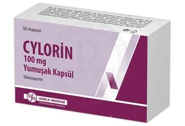 CYLORIN 100 MG YUMUSAK KAPSUL (50 KAPSUL) kutusu. Siklosporin içeren yumuşak kapsül. Üretici: WORLD MEDICINE İLAÇ SAN. VE TİC. A.Ş.