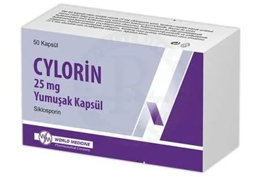 CYLORIN 25 MG YUMUSAK KAPSUL (50 KAPSUL) ambalajı, yumuşak kapsül formunda siklosporin içerir. Üretici: WORLD MEDICINE İLAÇ SAN. VE TİC. A.Ş.