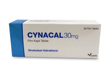 CYNACAL 30 MG 28 FILM TABLET kutu fotoğrafı, film kaplı tablet formunda sinakalset içerir. Üretici: VEM İLAÇ SAN. VE TİC. ANONİM ŞİRKETİ.
