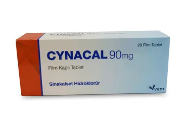 Sinakalset içeren film kaplı tablet: CYNACAL 90 MG 28 FILM TABLET kutusu. Üretici: VEM İLAÇ SAN. VE TİC. ANONİM ŞİRKETİ.
