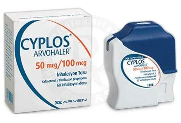 CYPLOS ARVOHALER 50 MCG/100 MCG INHALASYON TOZU (60 DOZ) ürün ambalajı, inhalasyon aerosolü formunda salmeterol + flutikazon içerir. Üretici: MONTERO İLAÇ VE GIDA SANAYİ TİCARET ANONİM ŞİRKETİ.